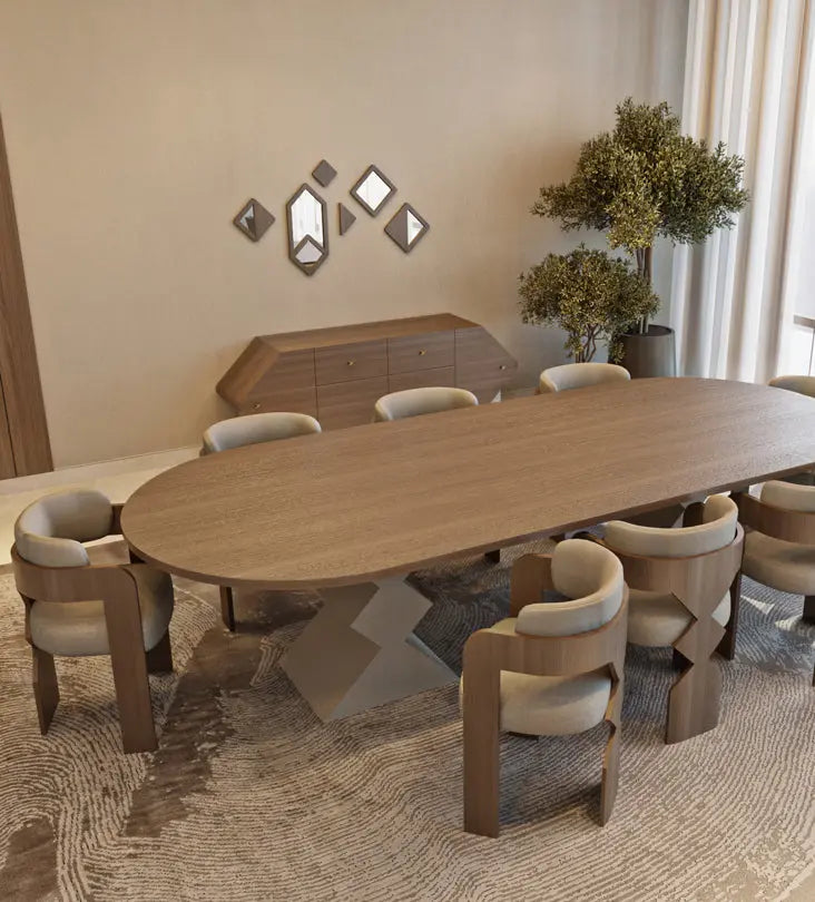 Rounded rectangle large dining table with brass inlay from Kashida's latest furniture collection, Nuqat.