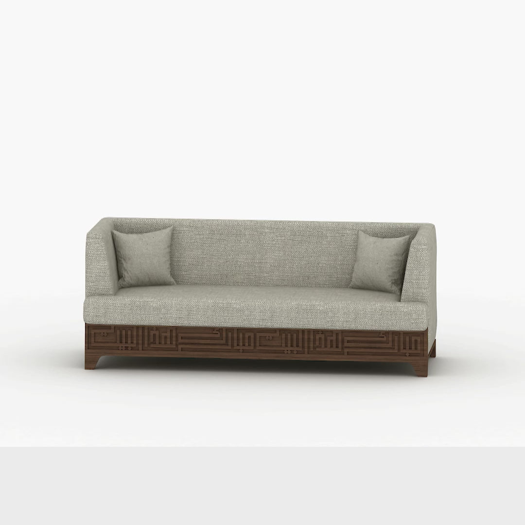 Beige upholstered 4-seater sofa featuring Arabic calligraphy carved woodwork from Kashida design