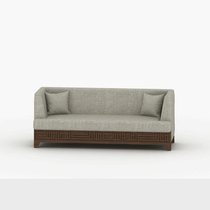 Beige upholstered 4-seater sofa featuring Arabic calligraphy carved woodwork from Kashida design