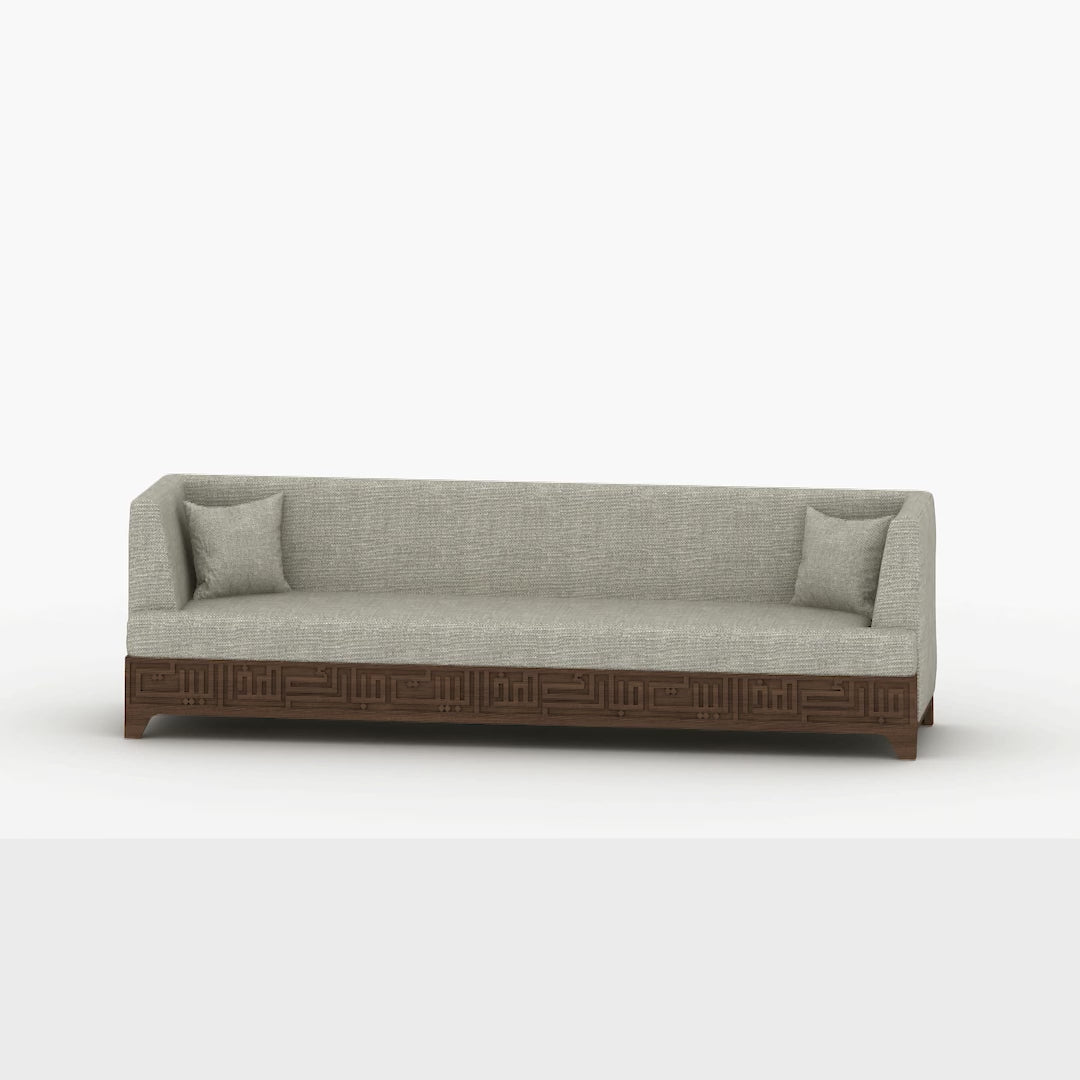 Beige upholstered 5-seater sofa featuring Arabic calligraphy carved woodwork from Kashida design