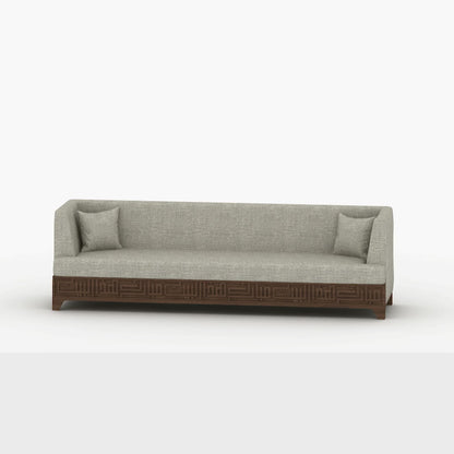 Beige upholstered 5-seater sofa featuring Arabic calligraphy carved woodwork from Kashida design