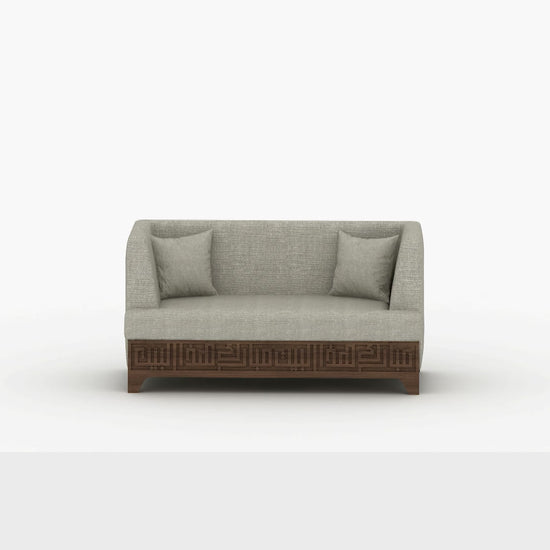 Beige upholstered 3 seater sofa featuring Arabic calligraphy carved woodwork from Kashida design