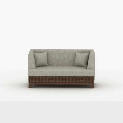 Beige upholstered 3 seater sofa featuring Arabic calligraphy carved woodwork from Kashida design
