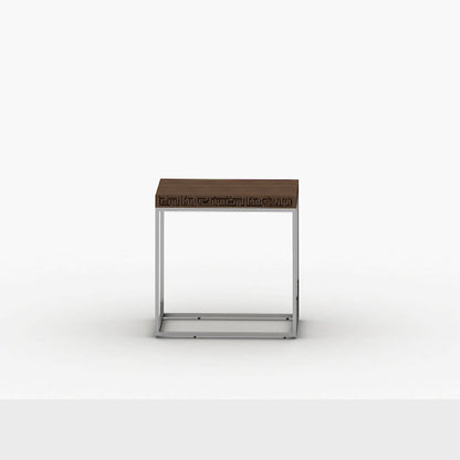 Wood and steel side table featuring kufic arabic calligraphy engraved on the edges of the table