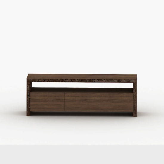 Wood and steel television console with Arabic calligraphy engraving and cabinet storage 