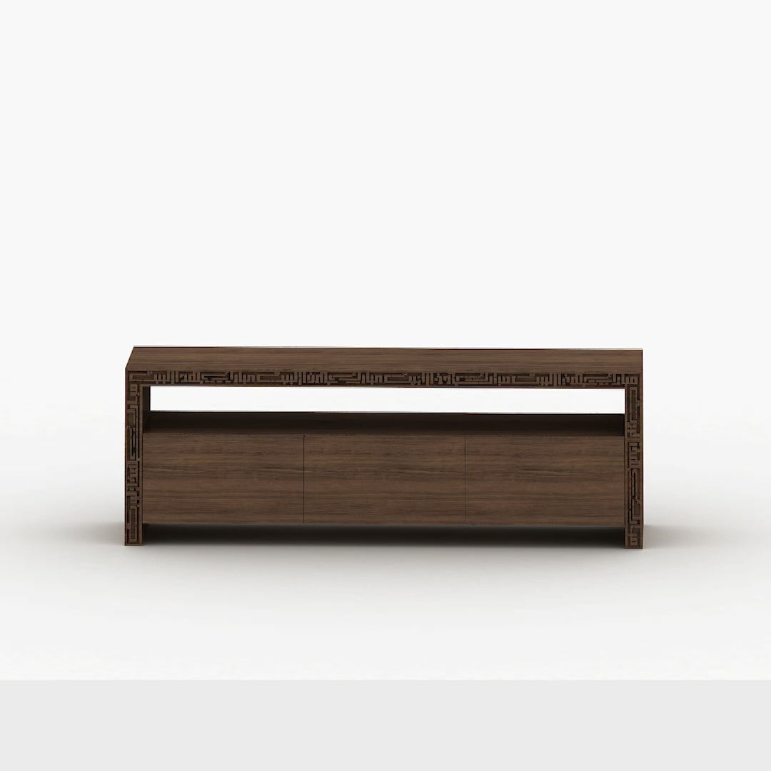 Wood and steel television console with Arabic calligraphy engraving and cabinet storage 