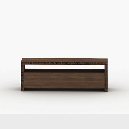 Wood and steel television console with Arabic calligraphy engraving and cabinet storage 