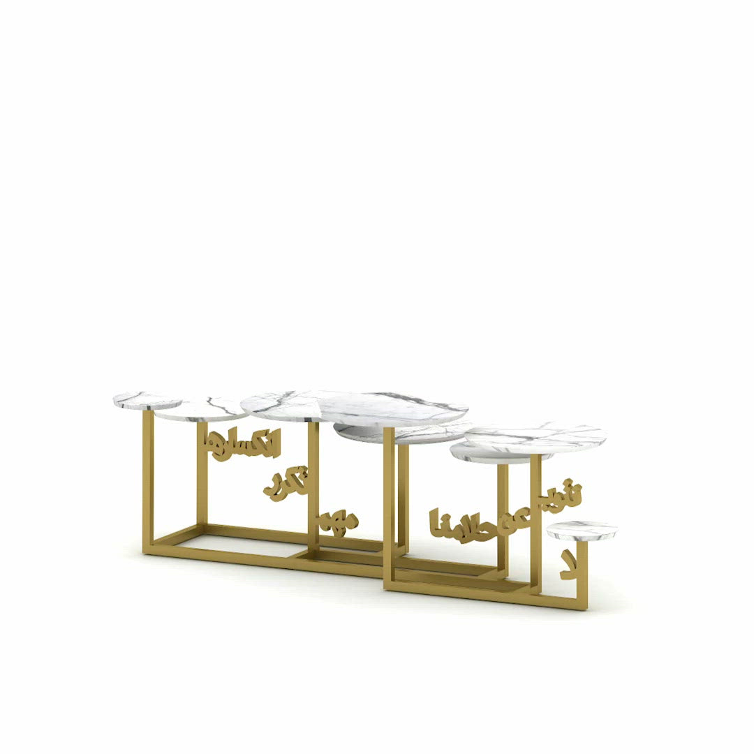 360 view of gold and white marble multi-tiered coffee table with arabic calligraphy steel base and marble table tops