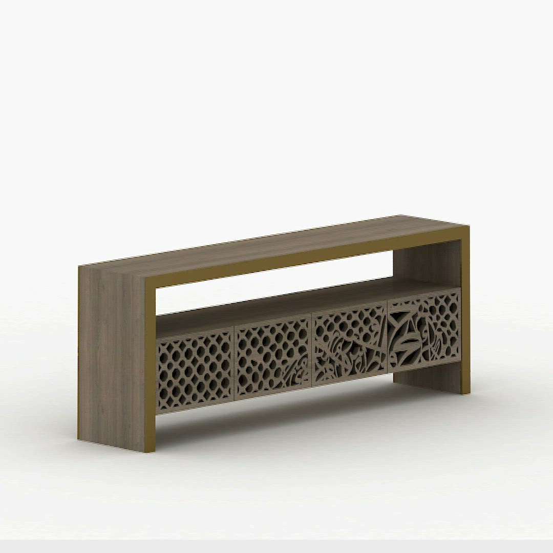Luxury television bench and media console in Arabic calligraphy and arabesque pattern in American walnut wood