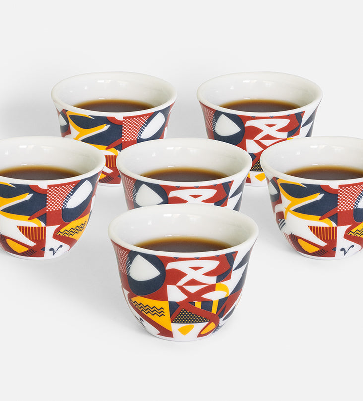 Colorful modern Arabic coffee cups finjal with Arabic calligraphy print