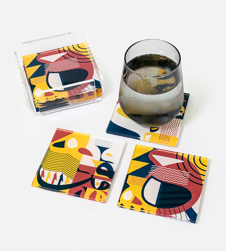 Colorful coasters with modern Arabic calligraphy letterforms 
