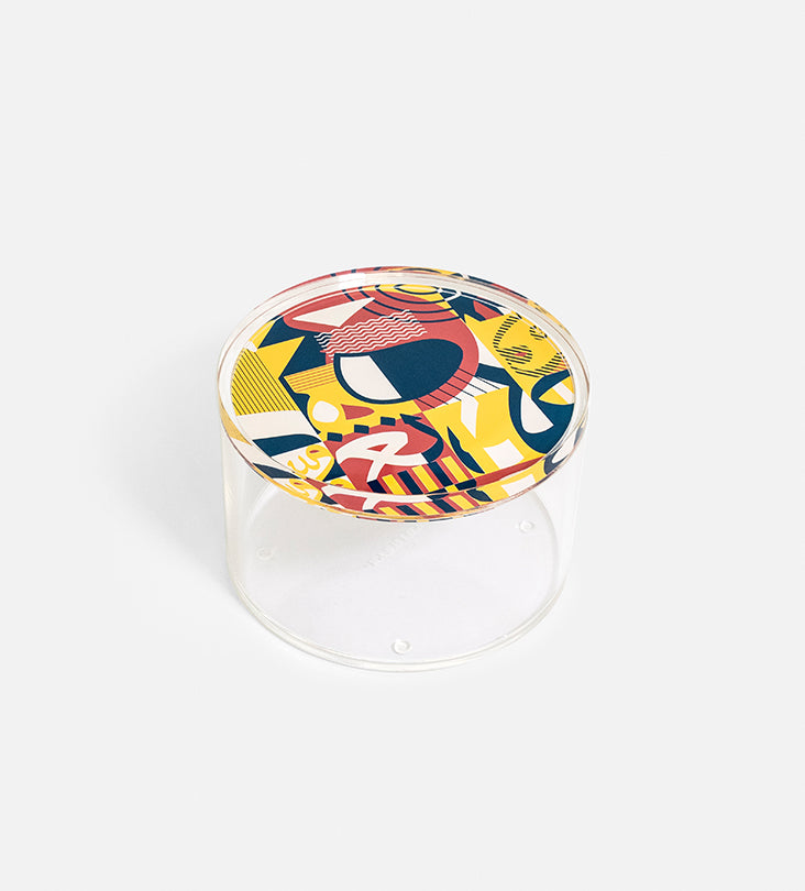 Colorful acrylic container with modern Arabic calligraphy pattern print