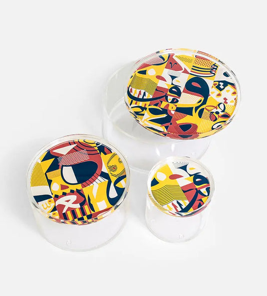 Colorful acrylic container with modern Arabic calligraphy pattern print