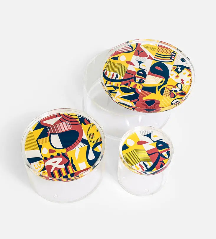 Colorful acrylic container with modern Arabic calligraphy pattern print