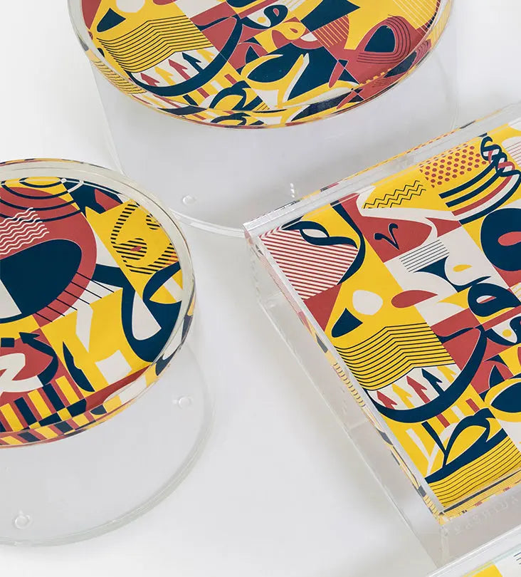 Colorful acrylic container with modern Arabic calligraphy pattern print