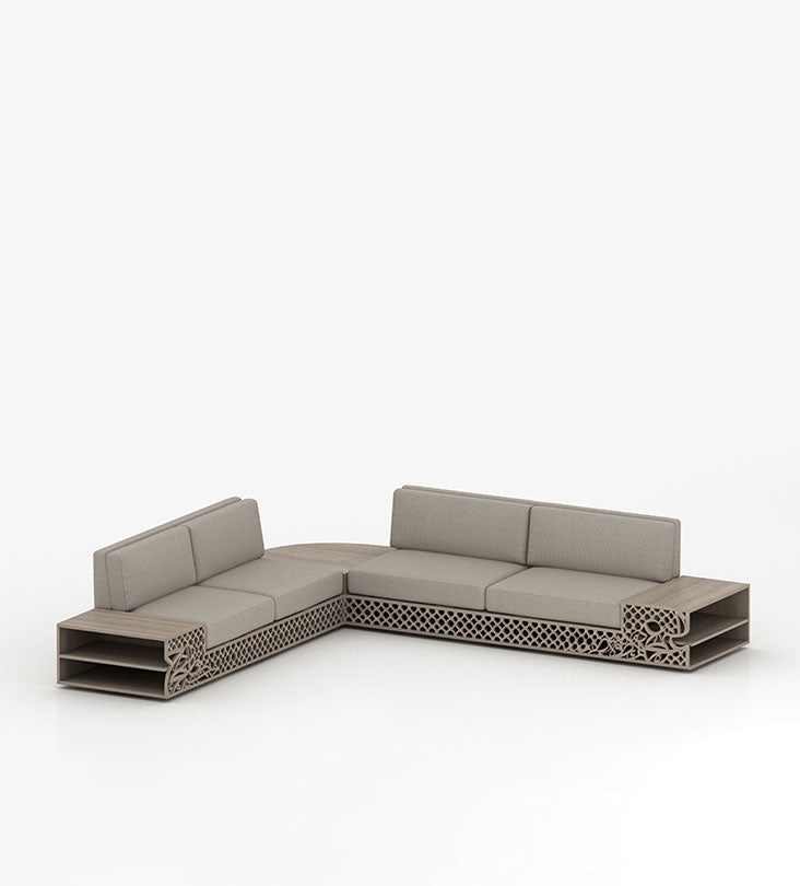 Huge L shape sofa with Arabic calligraphy and arabesque pattern in beautiful wood and beige fabric