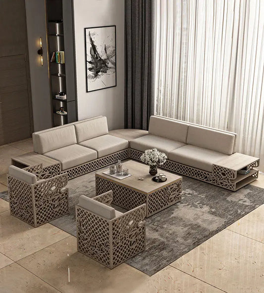 Huge L shape sofa with Arabic calligraphy and arabesque pattern in beautiful wood and beige fabric