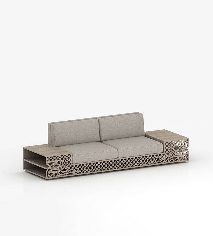 Luxury sofa with shelves in Arabic calligraphy and arabesque pattern in American walnut wood