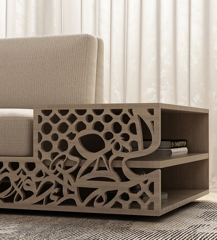 Luxury sofa with shelves in Arabic calligraphy and arabesque pattern in American walnut woodLuxury sofa with shelves in Arabic calligraphy and arabesque pattern in American walnut wood