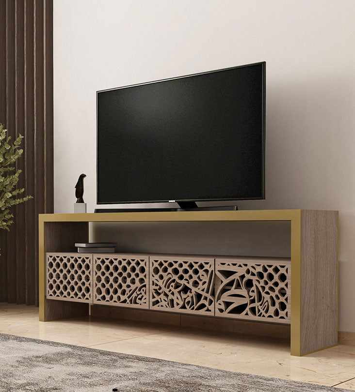 Luxury television bench and media console in Arabic calligraphy and arabesque pattern in American walnut wood