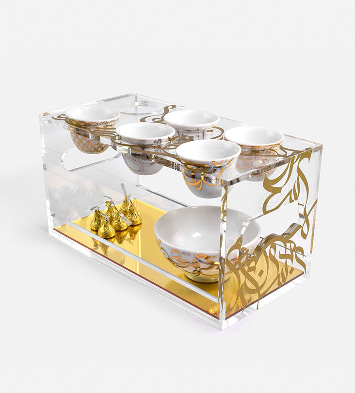 Contemporary acrylic holder for Arabic coffee cups finjal with Arabic graffiti print