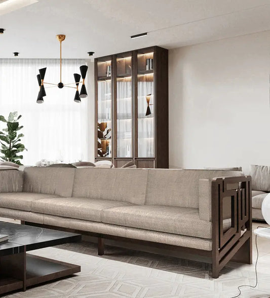 Luxury furniture Arabic calligraphy modern sofa design in walnut wood and beige upholstery