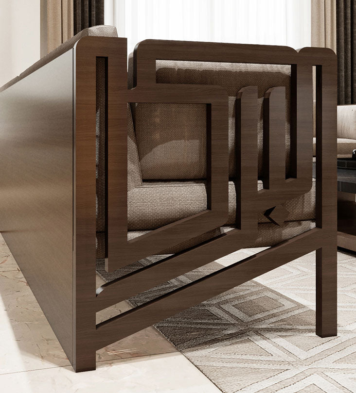 Luxury furniture Arabic calligraphy modern sofa design in walnut wood and beige upholstery