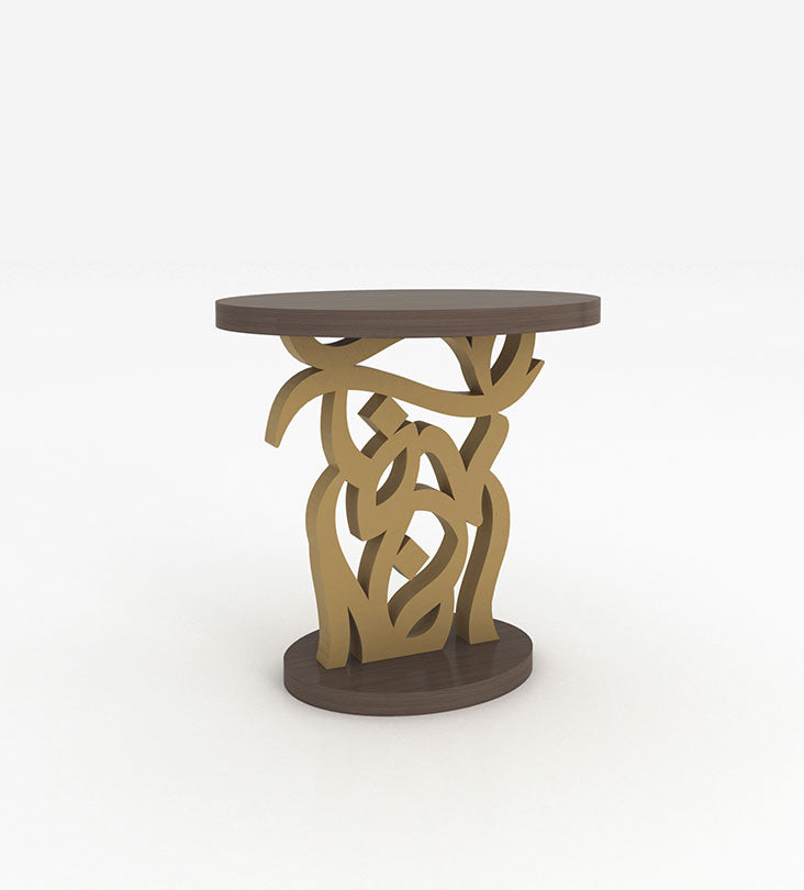 Gold and wooden side table in modern Arabic calligraphy