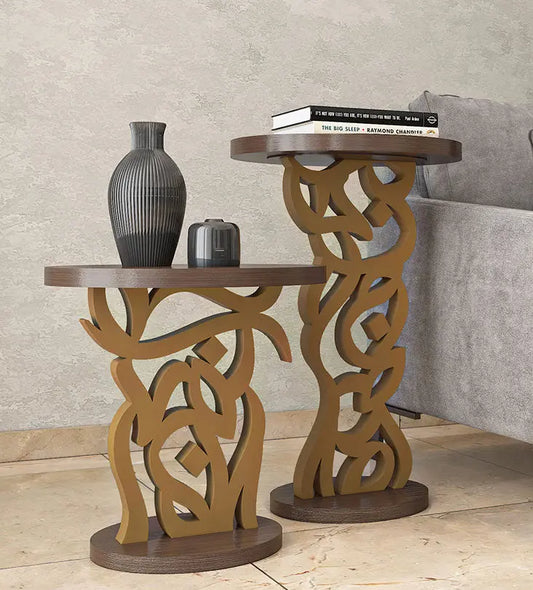 Gold and wooden side table in modern Arabic calligraphy