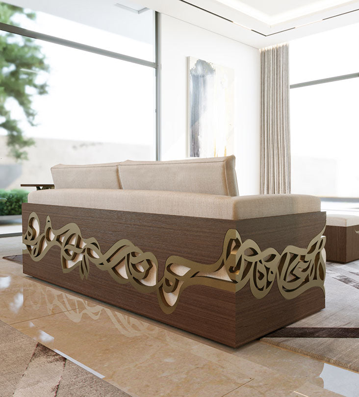 Luxurious sofa with Arabic calligraphy woodwork etched all over sides and back with gold and walnut wood
