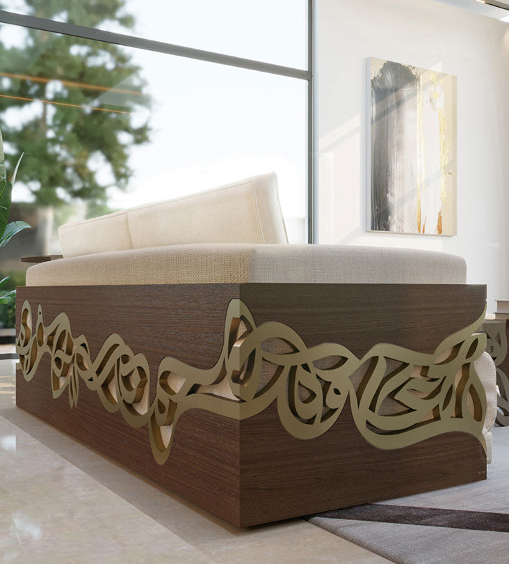 Luxurious sofa with Arabic calligraphy woodwork etched all over sides and back with gold and walnut wood