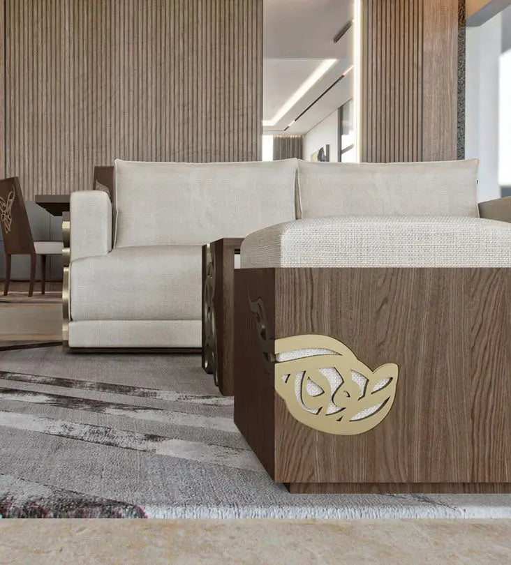 Luxurious stool with Arabic calligraphy woodwork and beige fabric