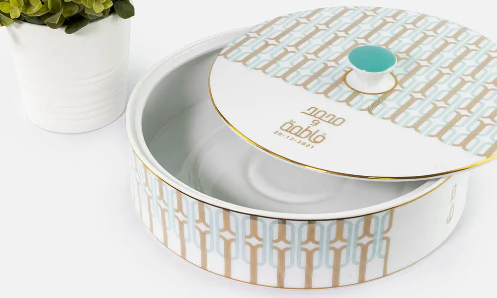 Custom porcelain bowl with lid designed by Kashida for a private event giveaway with personalised name initials