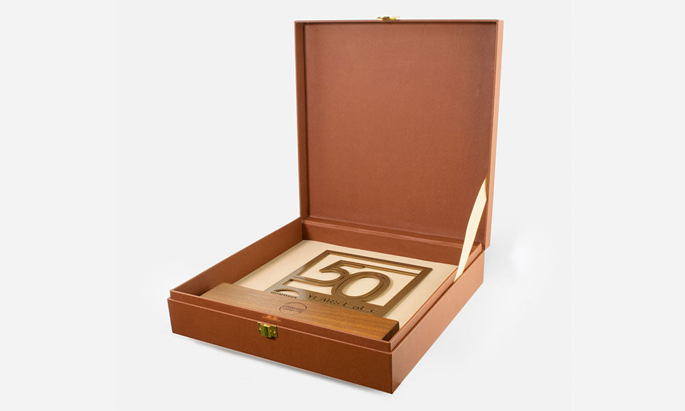 bunduq 50th anniversary trophy in elegant leather box designed by kashida