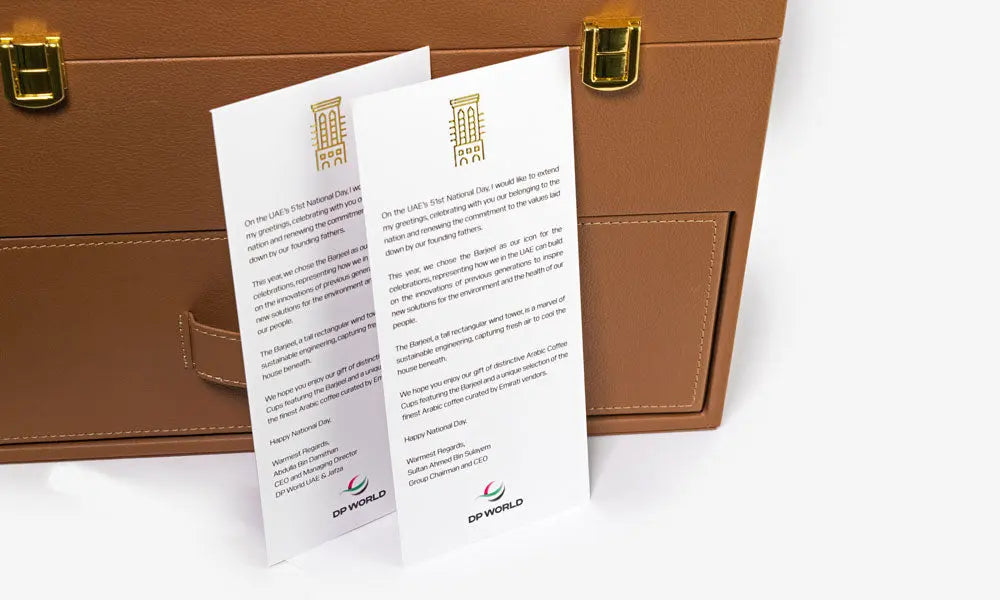 Luxury VIP arabic coffee cup set in leather box designed by Kashida as part of UAE corporate gifts collection