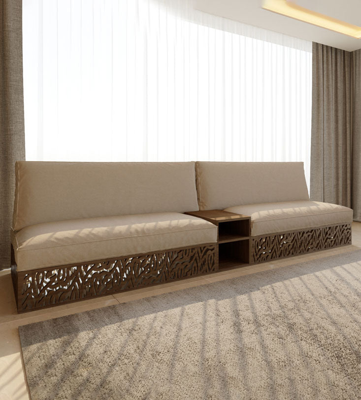 Luxury sofa with built in side table and wooden base in Arabic calligraphy letters