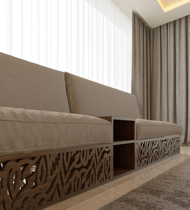 Luxury sofa with built in side table and wooden base in Arabic calligraphy letters