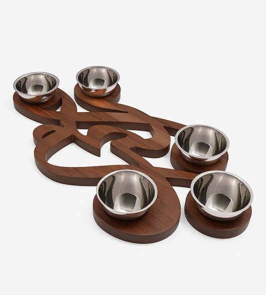 Set of six silver bowls with wooden base in Arabic calligraphy