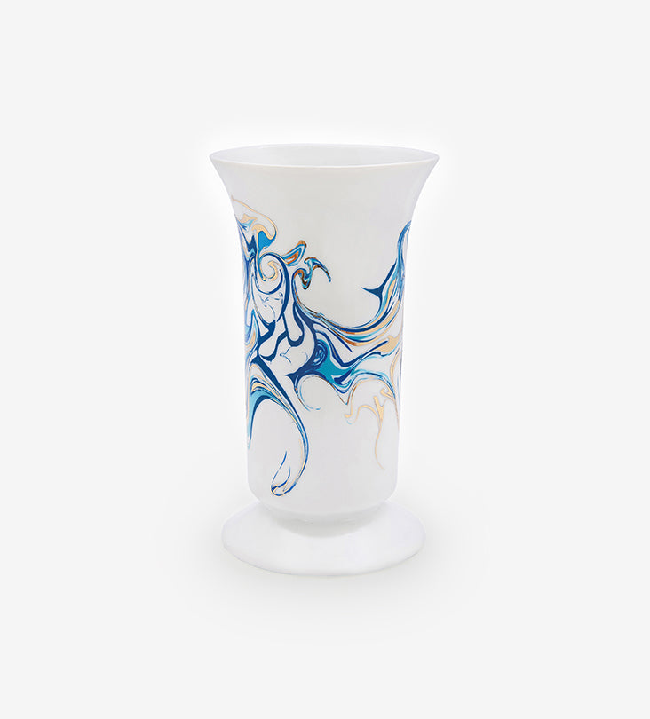 Long contemporary porcelain incense burner with Arabic calligraphy fluid art