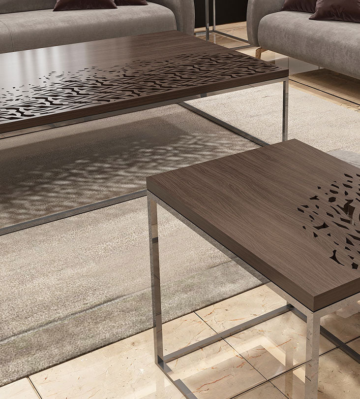 Luxury coffee table with Arabic calligraphy merging into wood with stainless steel base