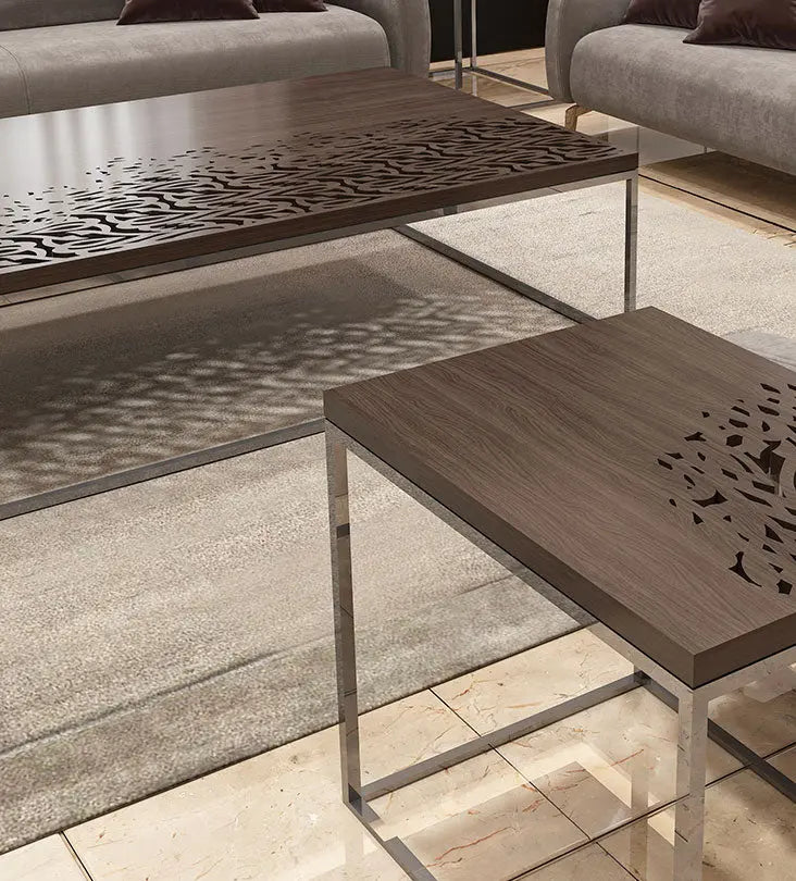 Luxury coffee table with Arabic calligraphy merging into wood with stainless steel base