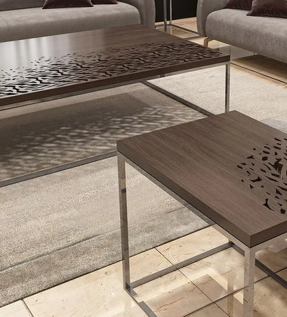 Luxury coffee table with Arabic calligraphy merging into wood with stainless steel base