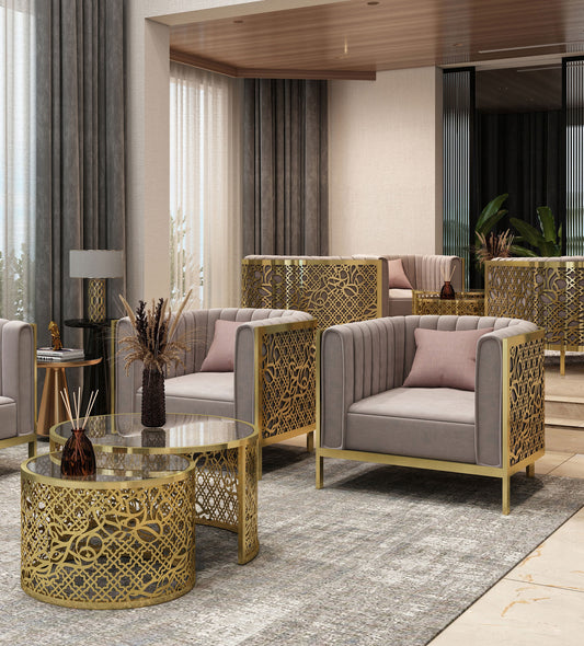 Gold luxurious and comfortable armchair with arabesque patterns and arabic letters