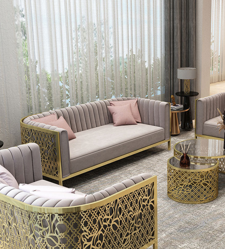 Polished steel sleek luxury sofa with arabesque patterns and arabic letters