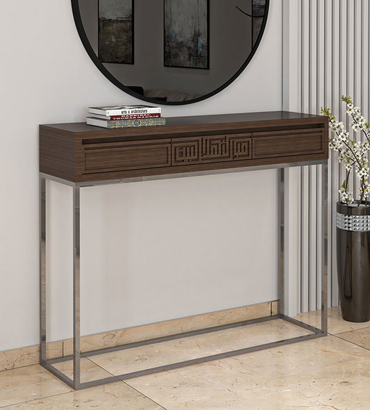 Modern God bless this home walnut wood entrance console in Arabic calligraphy with stainless steel base