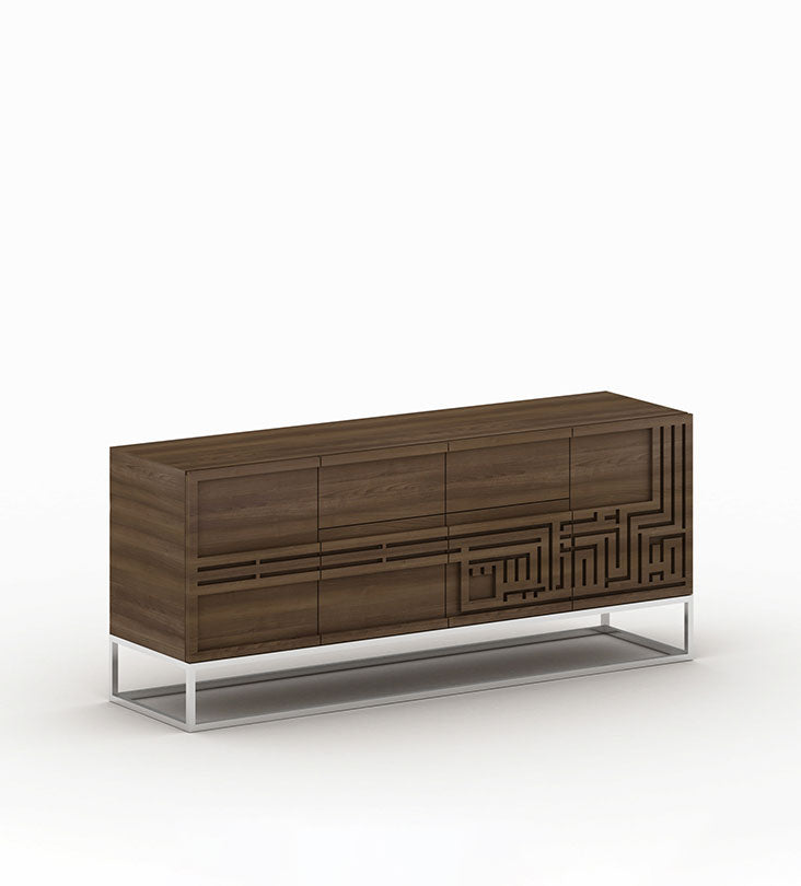 Modern God bless this home dining room sideboard in walnut wood and polished steel base with Arabic calligraphy
