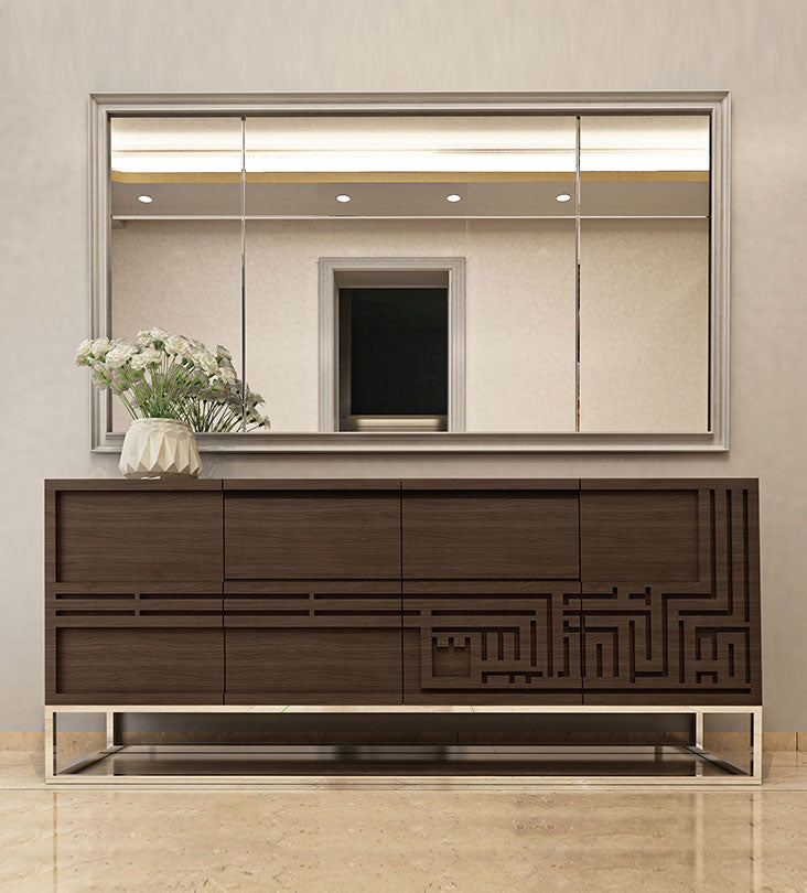 Modern God bless this home dining room sideboard in walnut wood and polished steel base with Arabic calligraphy
