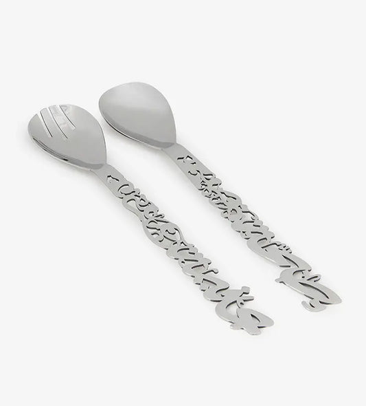 Silver stainless steel salad cutlery in Arabic calligraphy