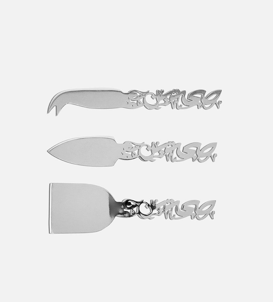 Silver stainless steel cheese cutlery in Arabic calligraphy