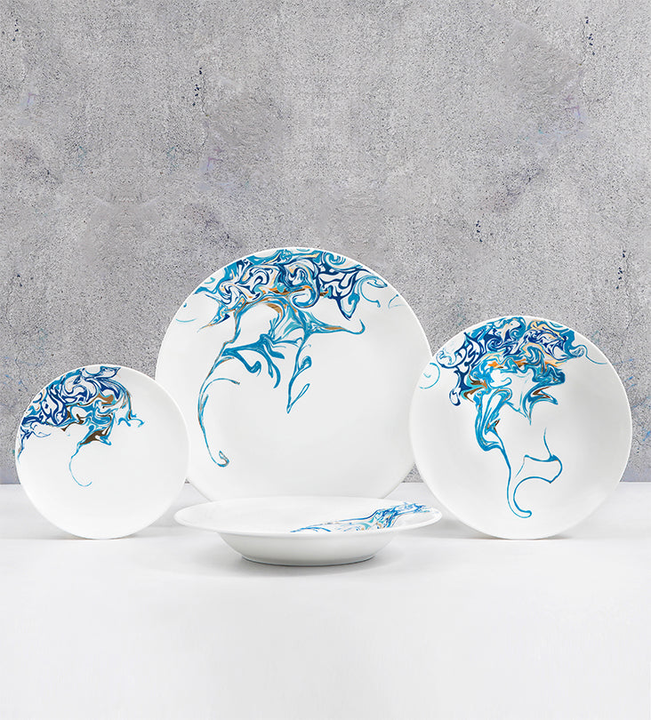Contemporary porcelain soup plate with Arabic calligraphy fluid art